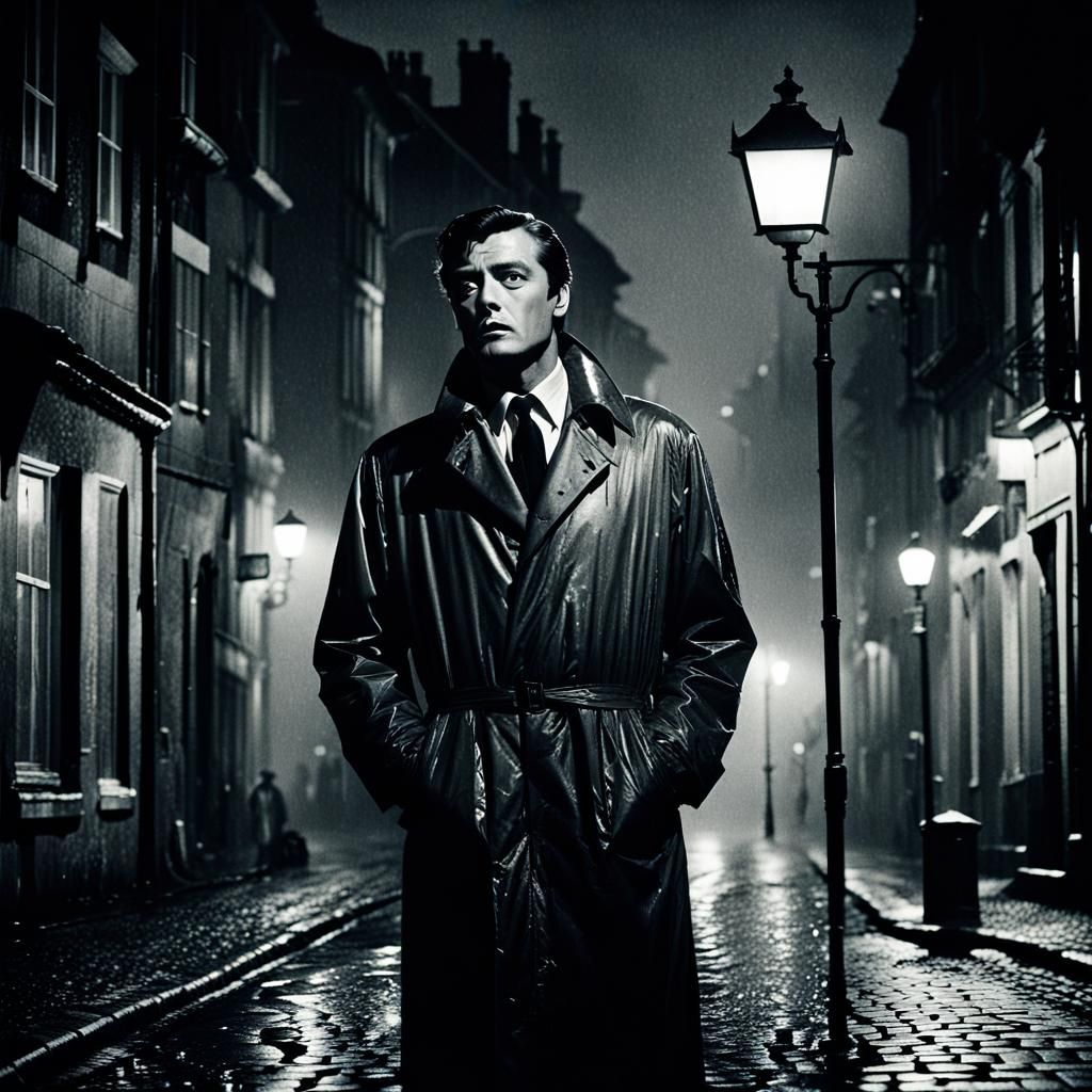 Neo-Noir Alain Delon in Rainy Cityscape
