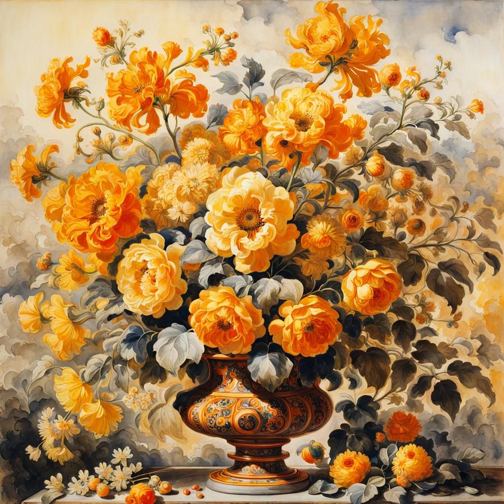 Idyllic Flower Still Life in Deep Yellow and Orange