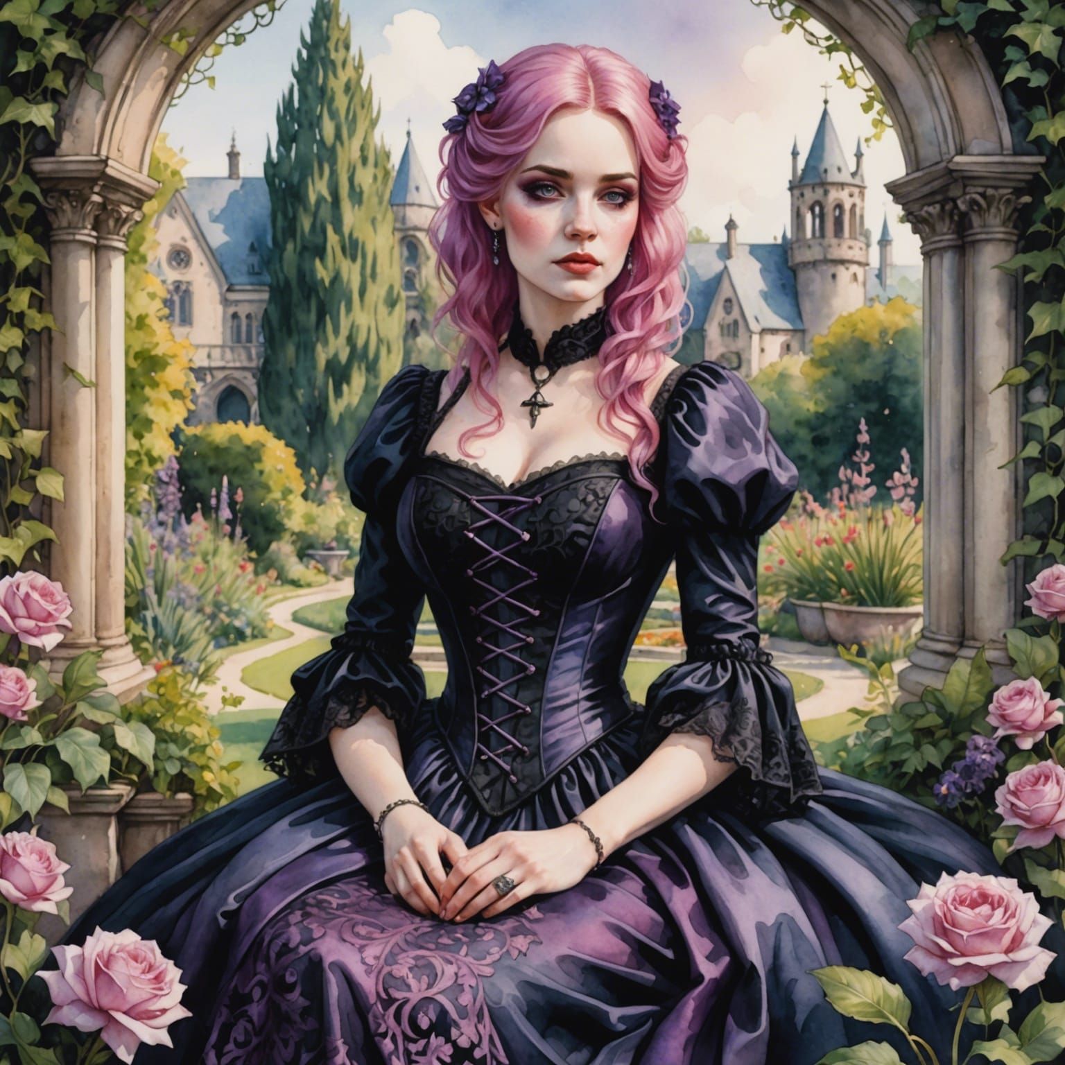 Pink-Haired Queen in Garden, Watercolor Style