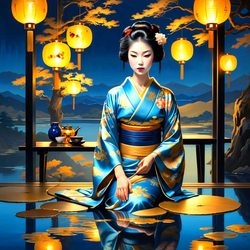 Bioluminescent Geisha in Tea Room Abstract Art