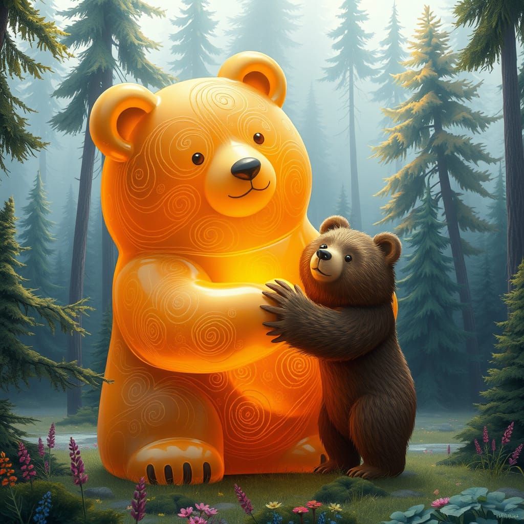 Giant Gummy Bear Hugs Gentle Grizzly Bear in Whimsical Fores...