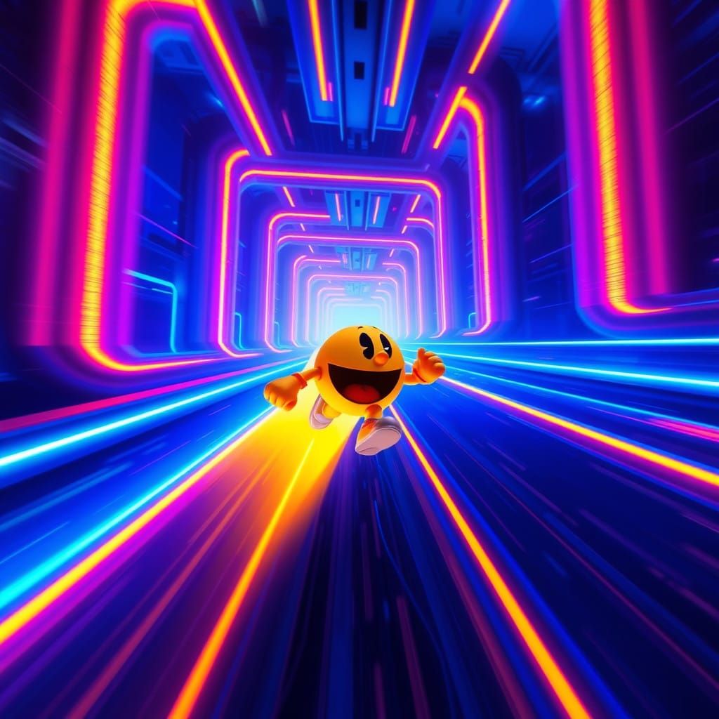 Vibrant Pac-Man Explores Neon-Lit Futuristic Maze