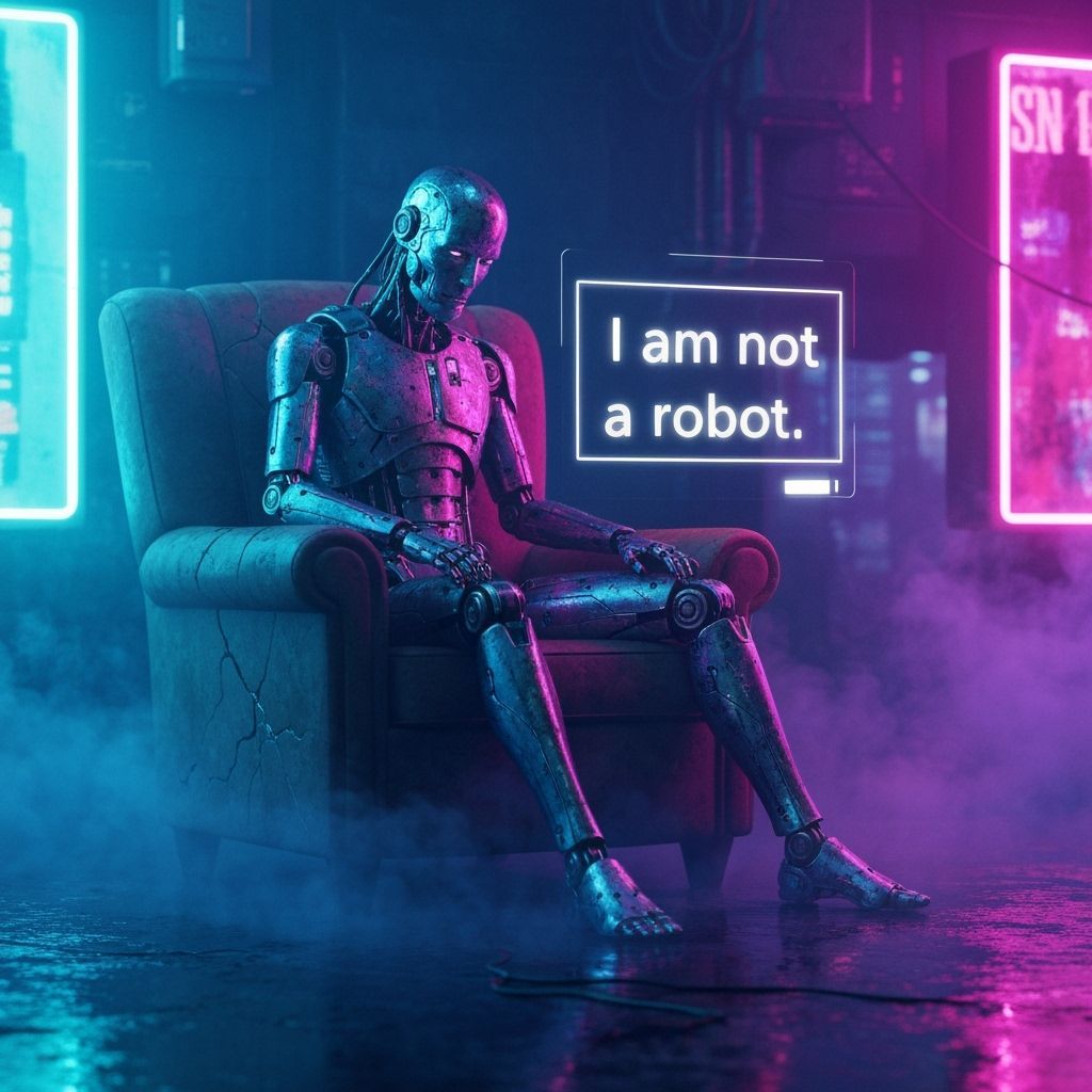 Android in Neon City Sits in Armchair