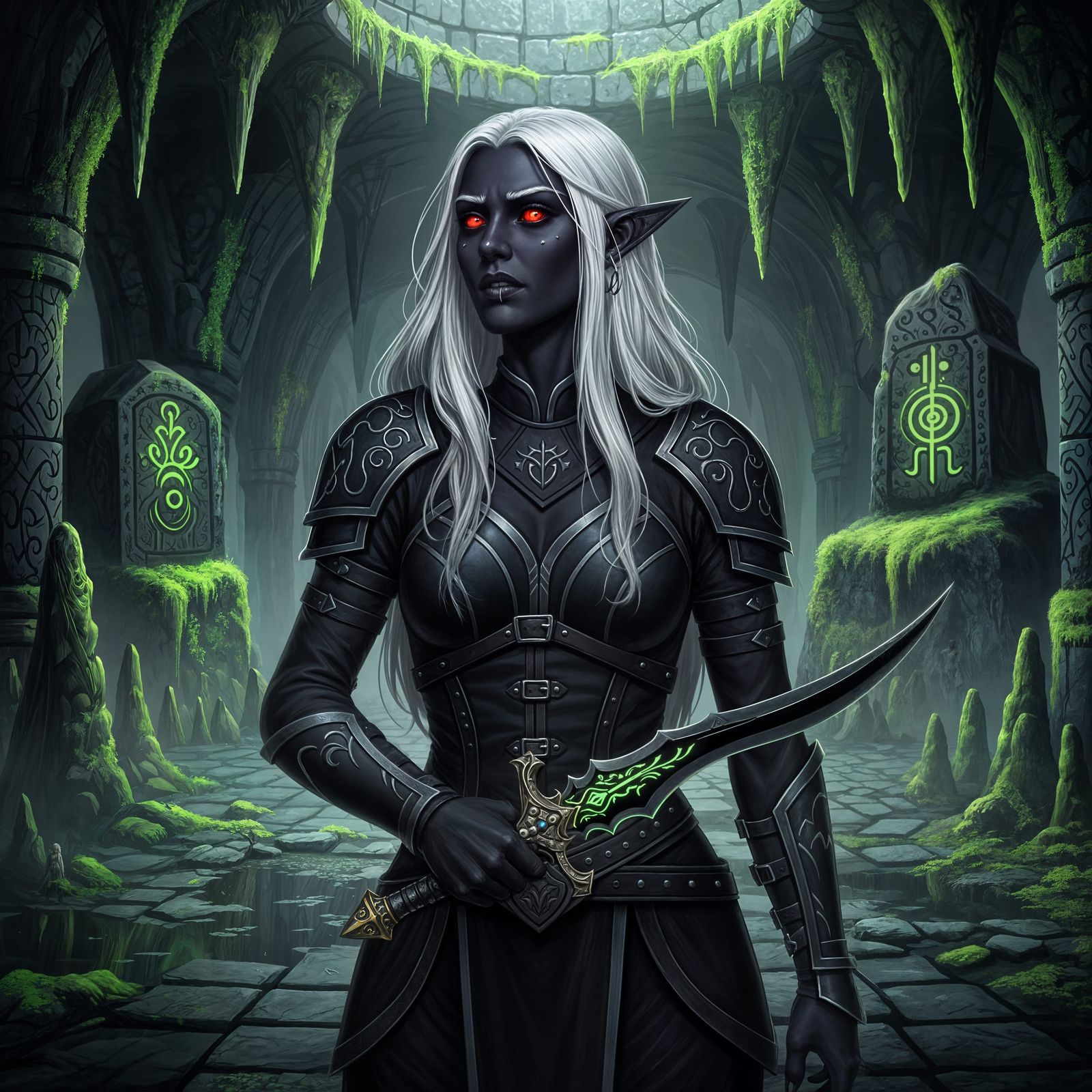 Lost Drow Elf Maiden with White Hair and Dagger in Cavern