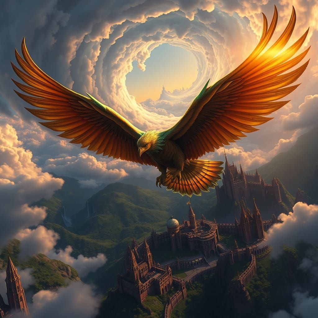 Majestic Griffin Soars Through Golden Clouds Above Hidden Mo...