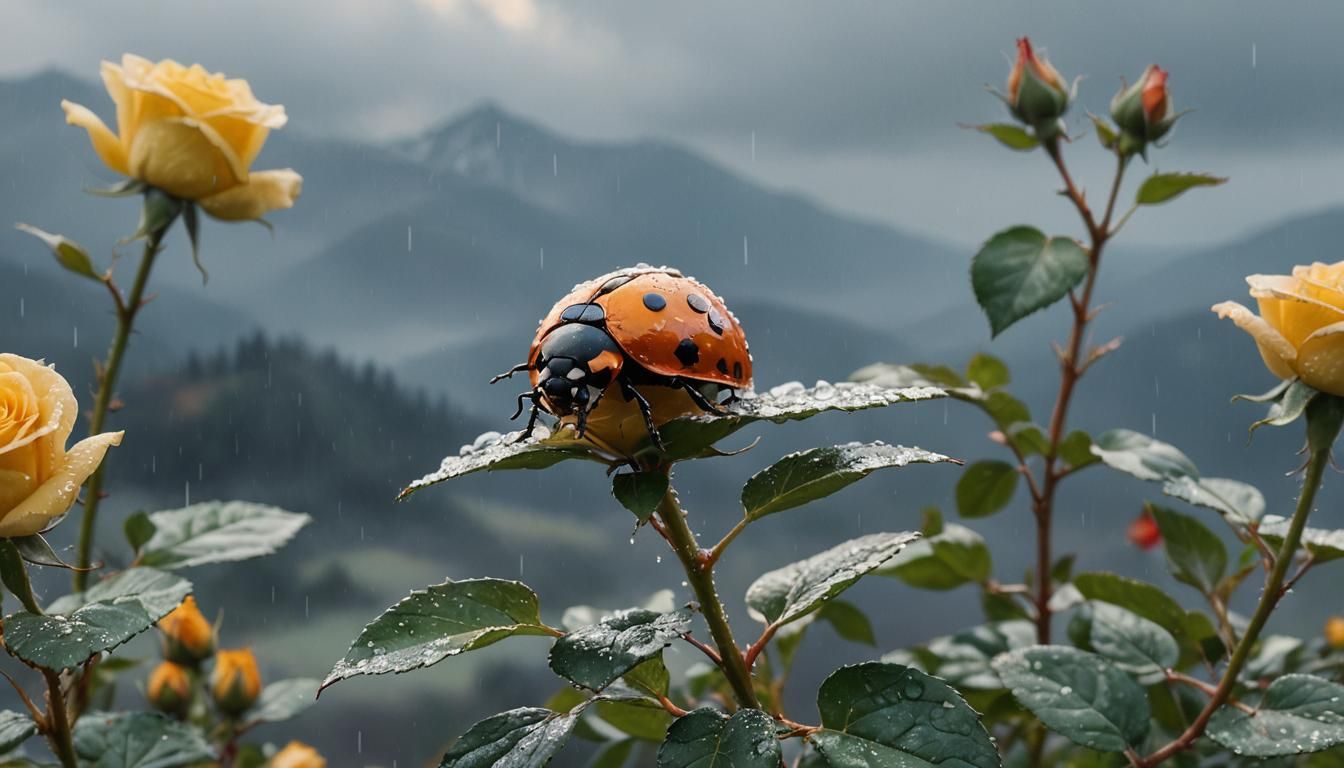 Ladybug on Rose After Rain in Pastel Style