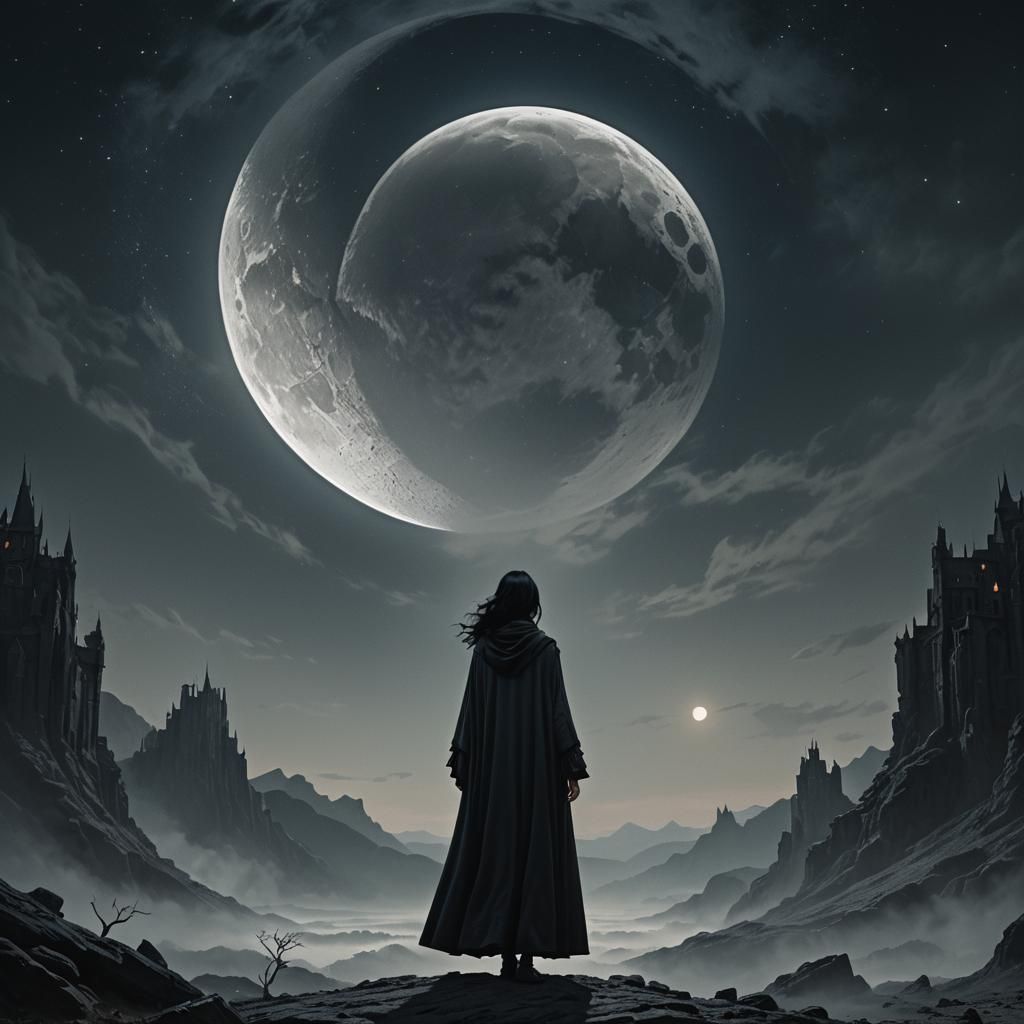 Woman Gazing at Cloaked Figure by Moonlight