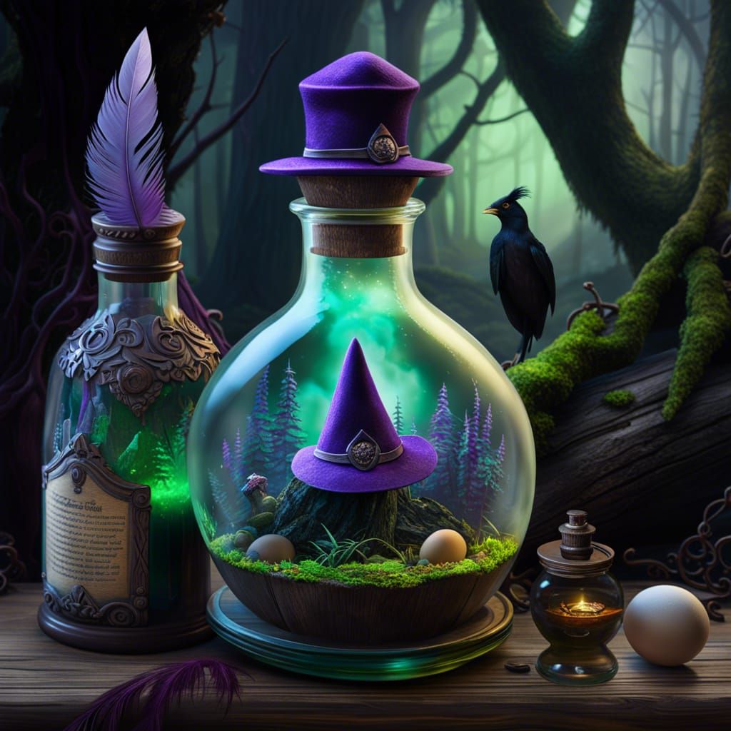 Eerie Gothic Surrealism: Witch, Egg, and Bioluminescent Rock