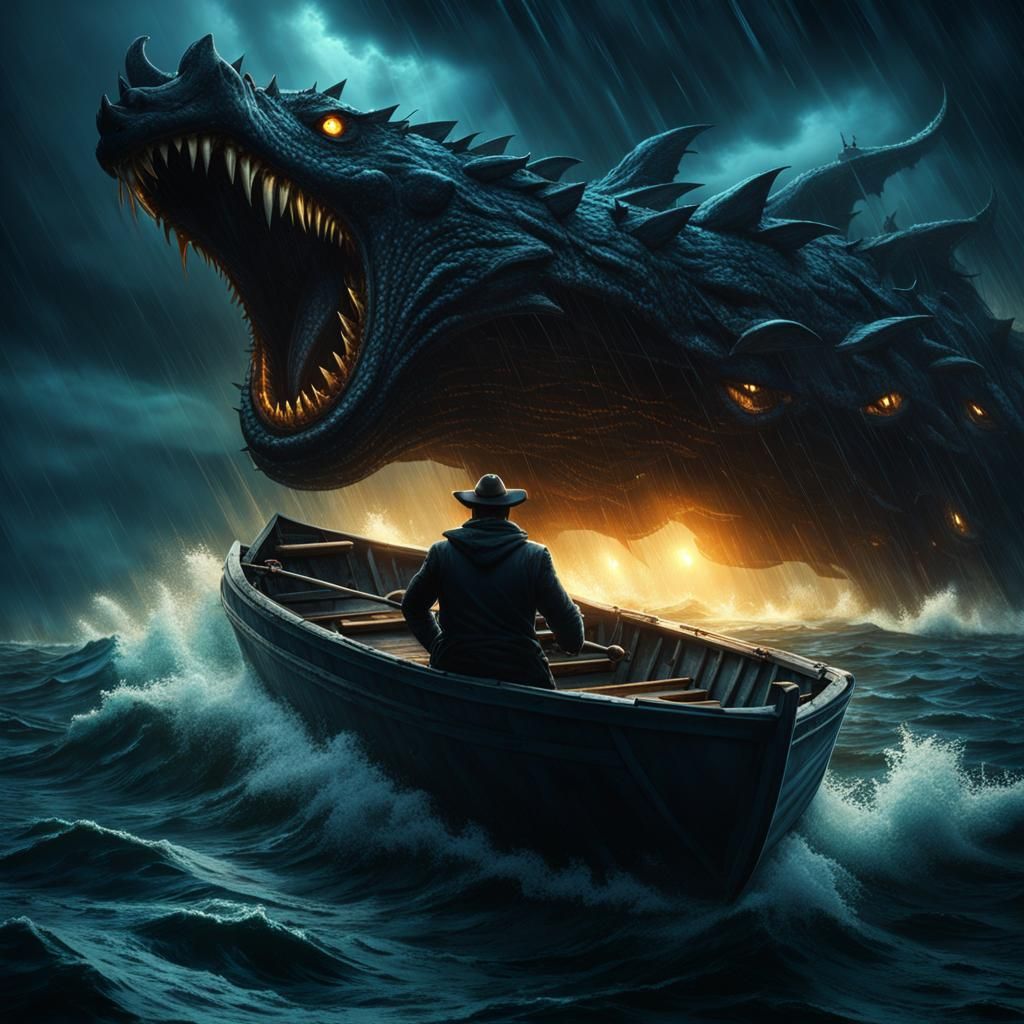 Man Confronts Sea Monster in Stormy Ocean