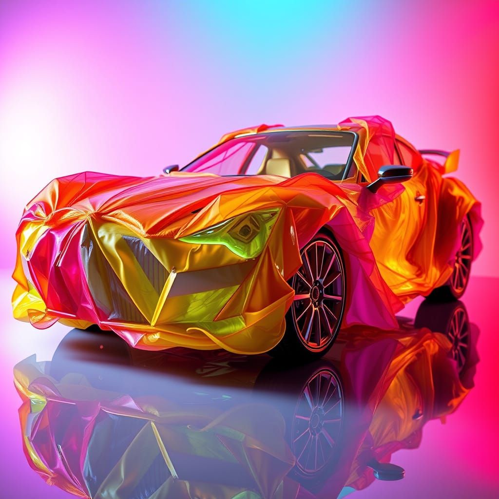 Vibrant Chiffon Car Sculpture in Hyperrealistic Mid-Shot