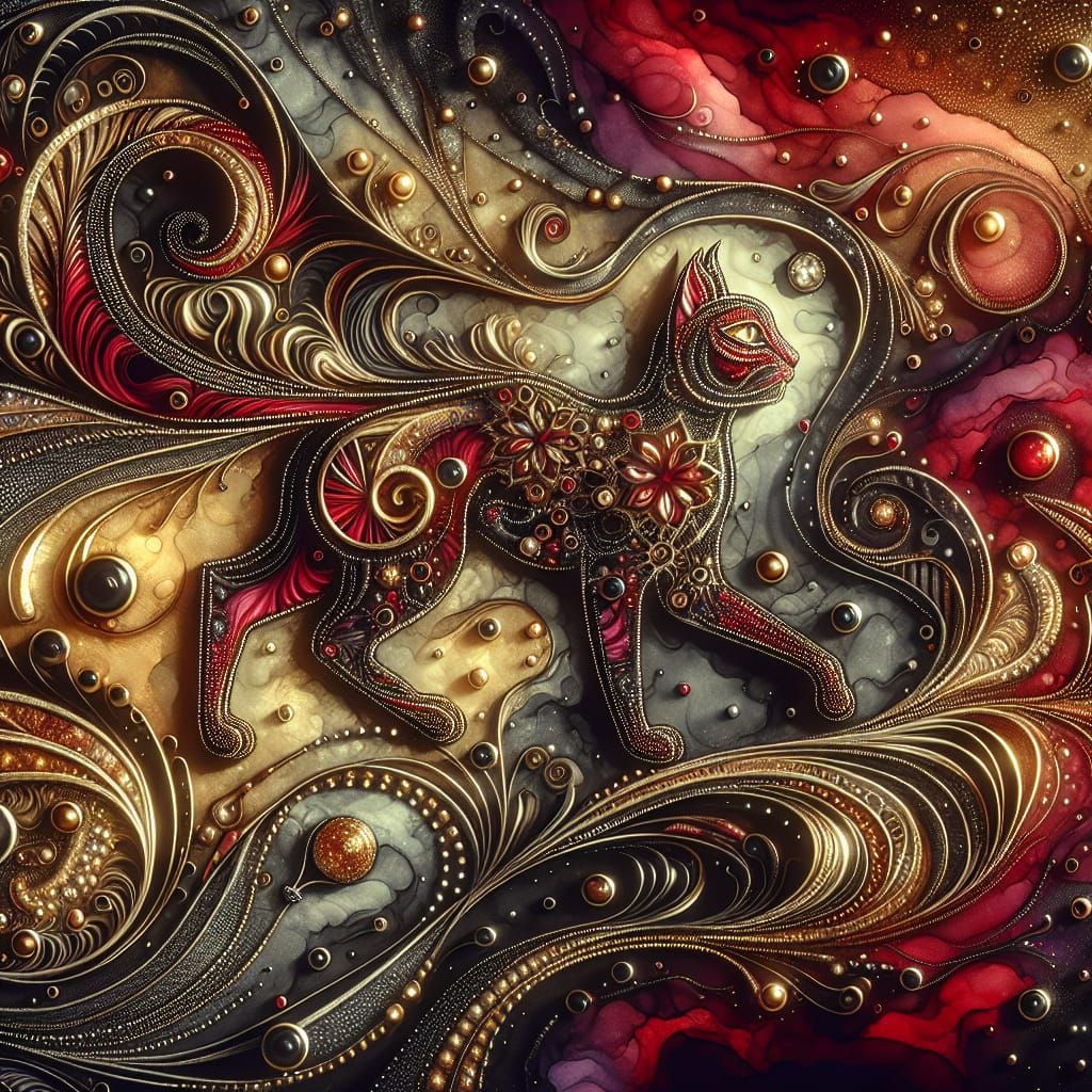 Steampunk Feline in Abstract Expressionist Style