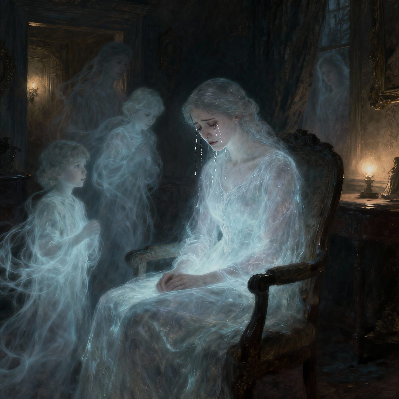 Spectral Mother Mourns Lost Loved Ones in Shadowy Room