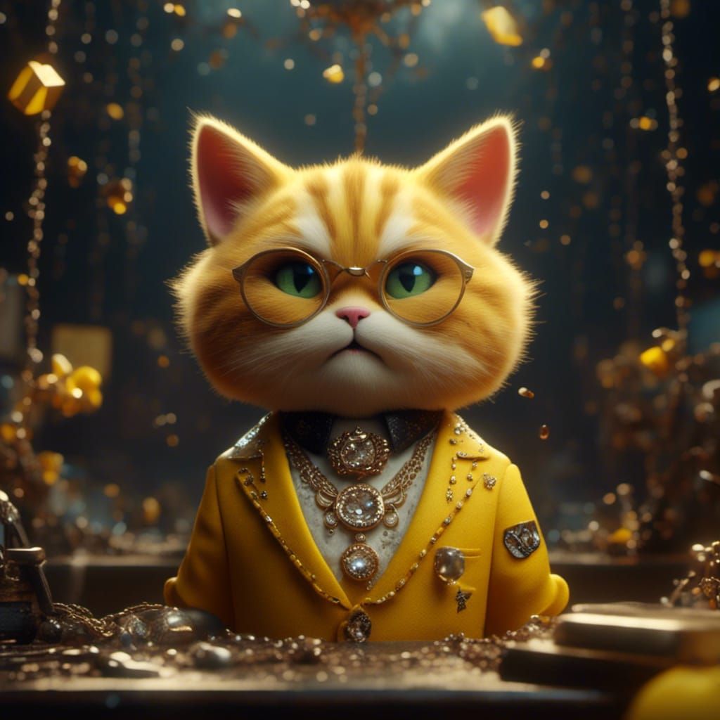 Mafia Style Yellow Cat with Diamond Necklace