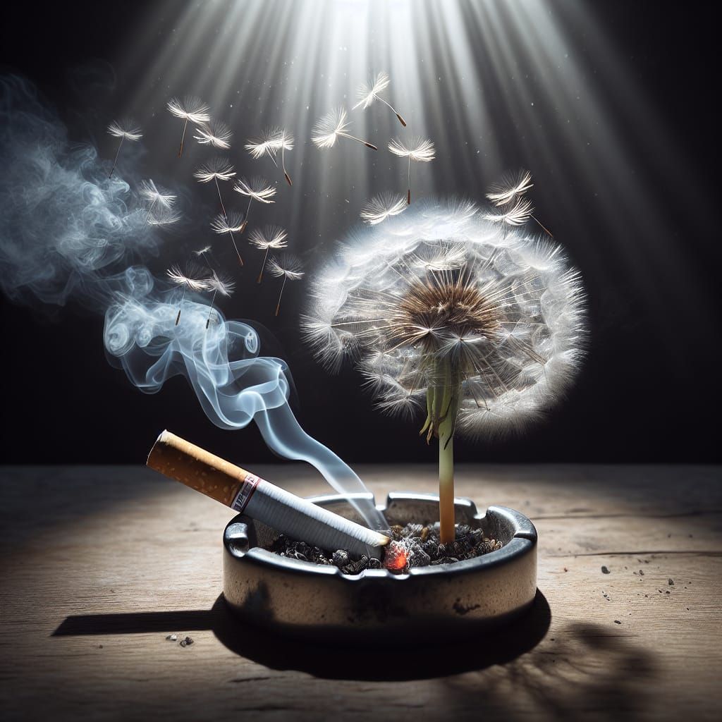 Cigarette Smoke Transforms into Dandelions in Divine Light