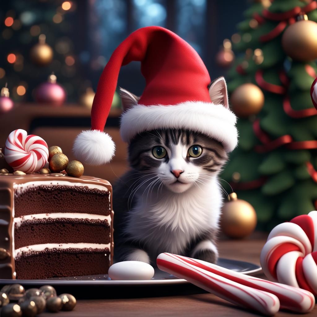Festive Kittens Enjoying Chocolate Cake: Digital Art