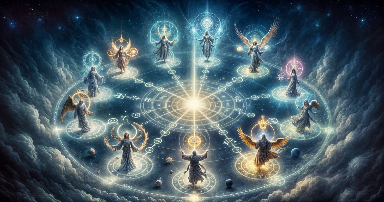 Mystic Zodiac Scene: Celestial Beings in Ethereal Void