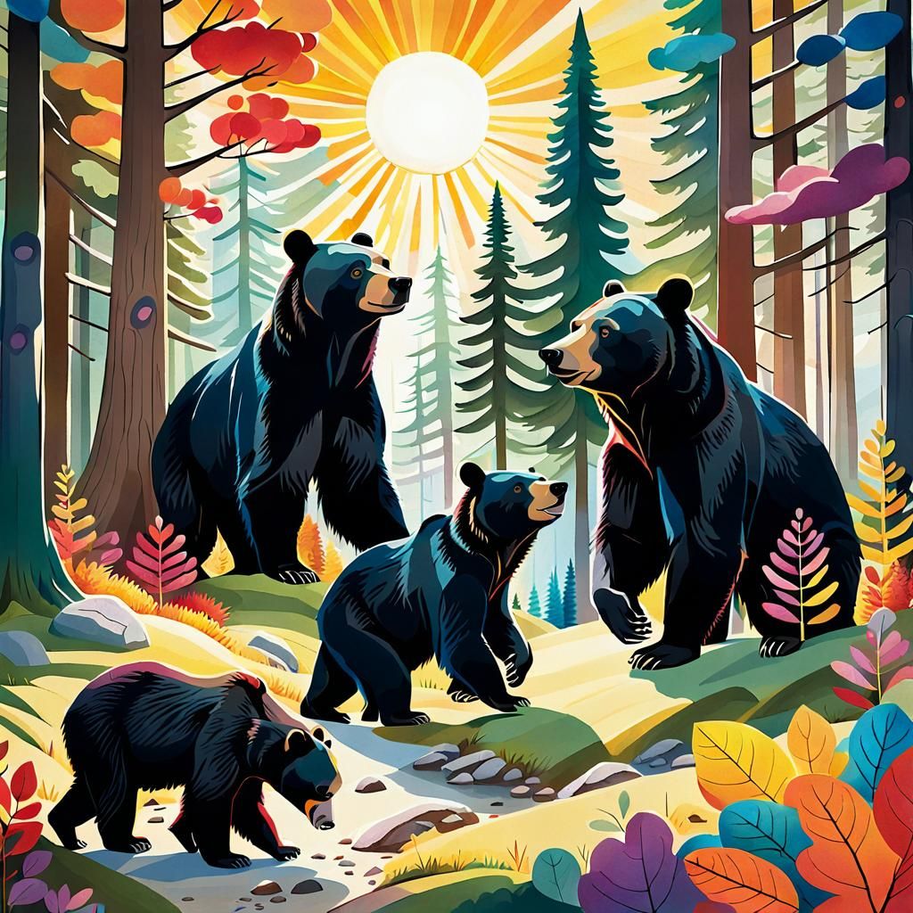 Whimsical Black Bear Family in Vibrant Forest