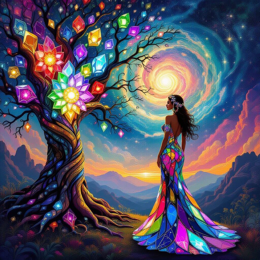 Psychedelic Tree of Life with Crystal Branches