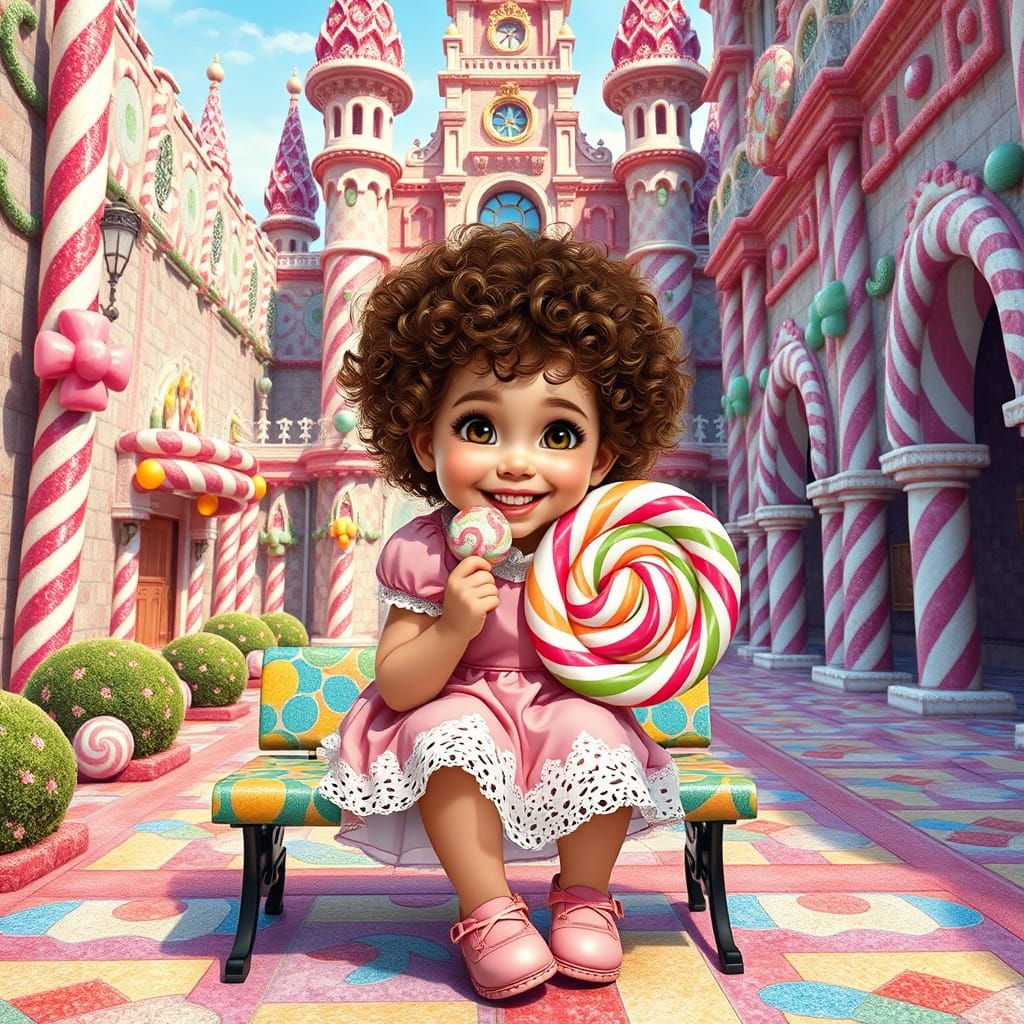 Whimsical Girl Delights in Giant Lollipop in Pastel Candy Pa...