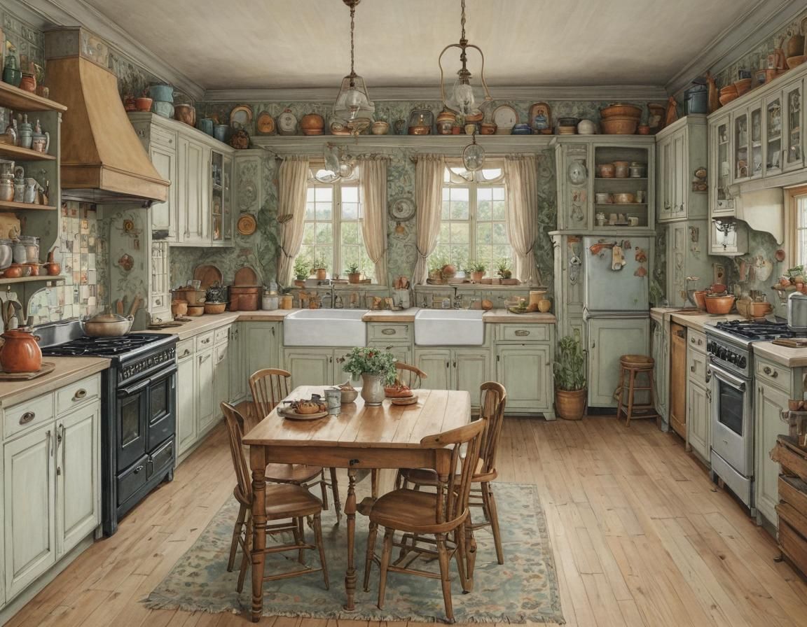 Cozy Kitchen Interior with Watercolor and Linework