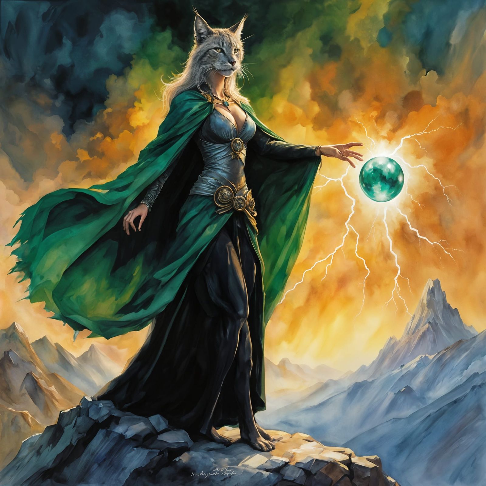 Lynx Sorceress Amidst Storm: A Dark Fantasy Watercolour
