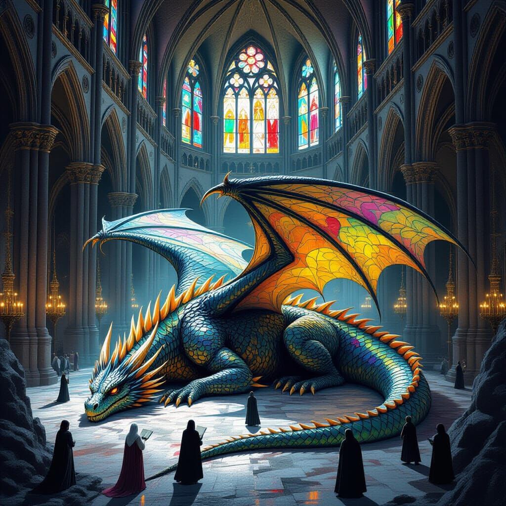 Stained Glass Dragon Beneath Gothic Cathedral