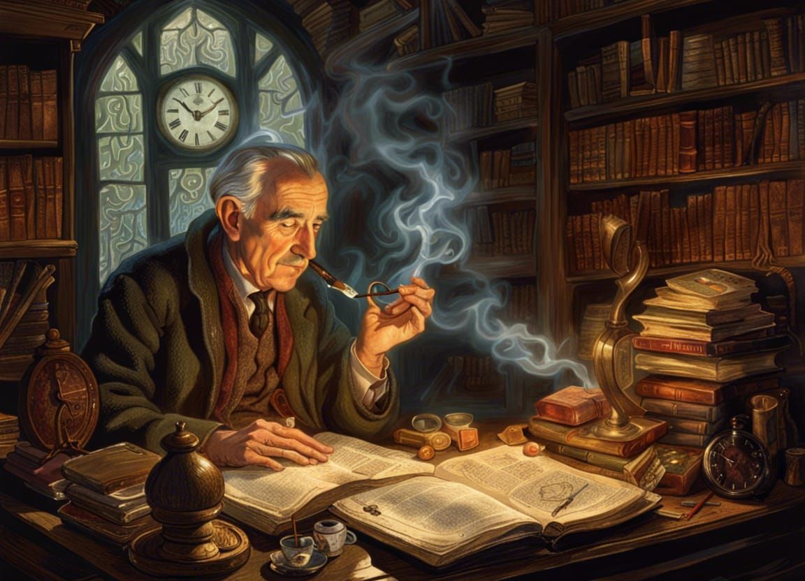 Tolkien Asleep in Study with Books and Pipe