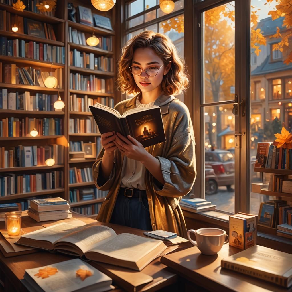 Cozy Bookstore Scene in Vibrant Digital Art