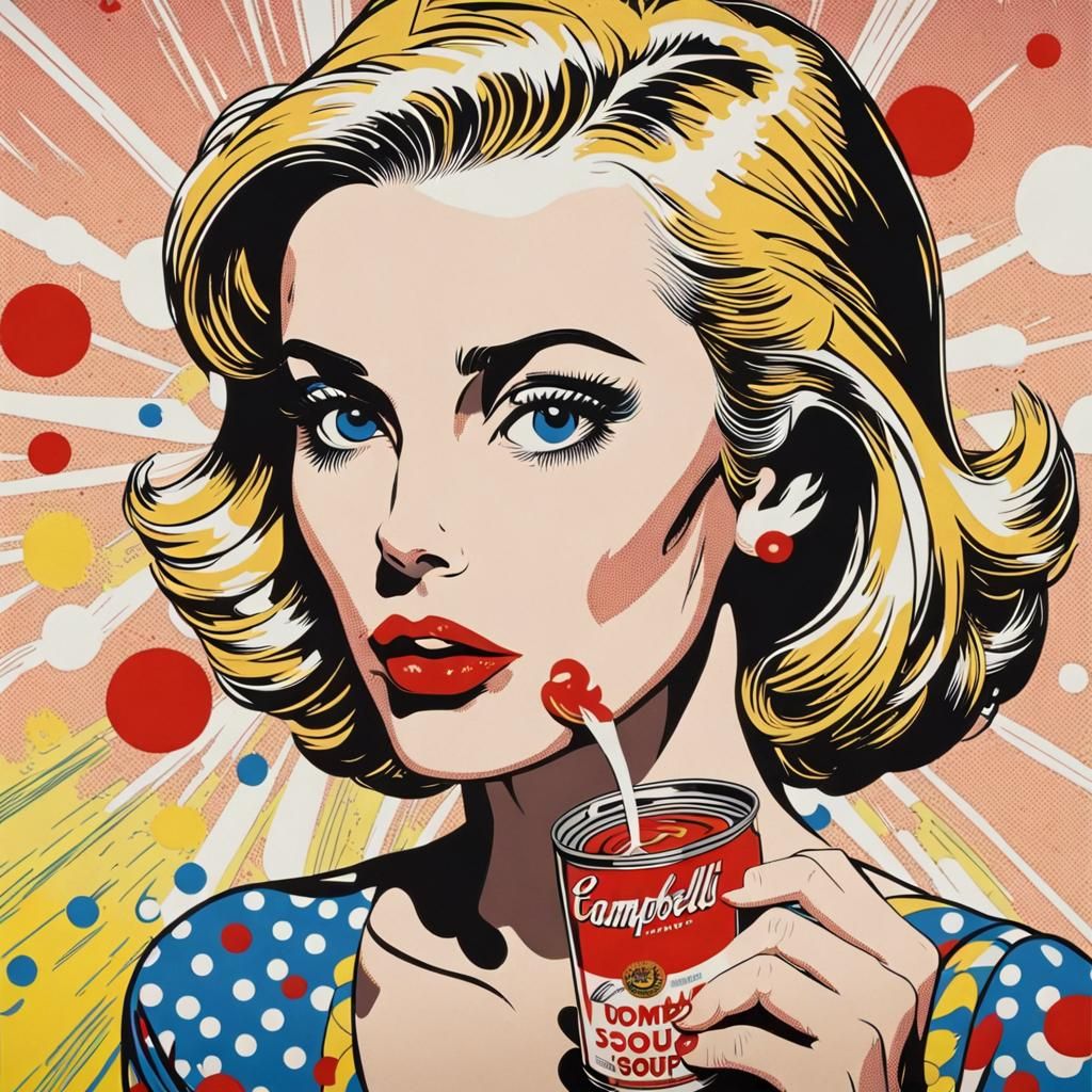 Pop Art Woman Drinking Soup with Ben-Day Dots