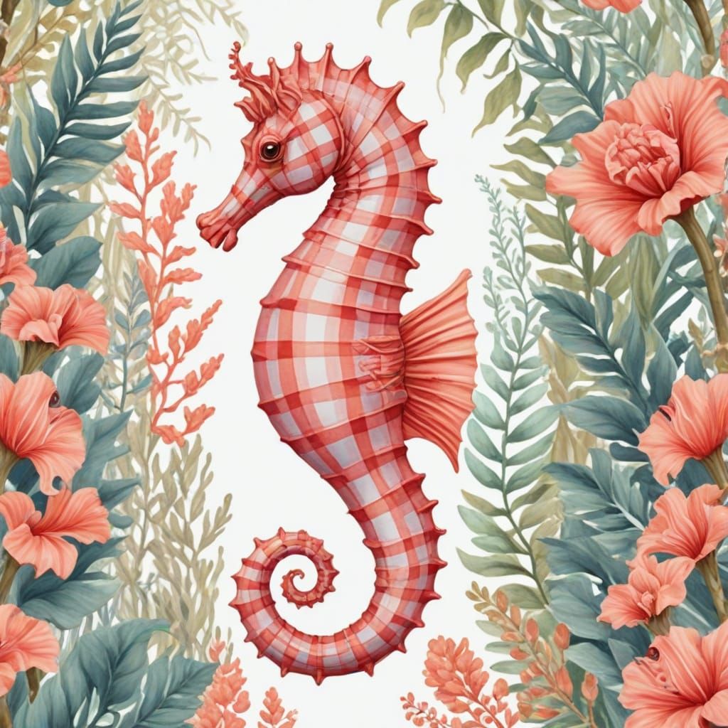 Gingham Seahorse in Vibrant Coral Hues