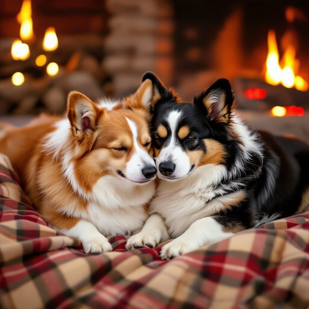 Cozy Corgis Napping by Fireplace: Warm Illustration