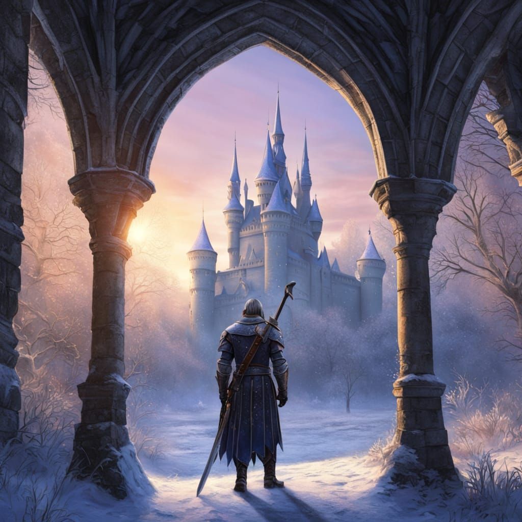 Majestic Knight in Snowy Castle Courtyard at Golden Hour