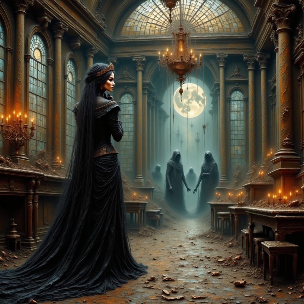 Empress Presides Over Spectral Court in Gothic Ballroom