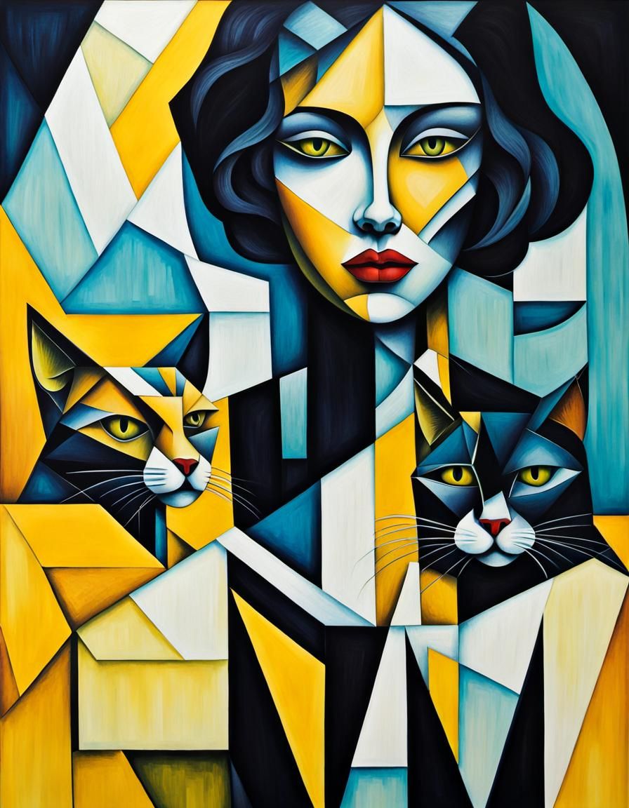 Ethereal Cubist Woman with Cat in Dark Surreal Style