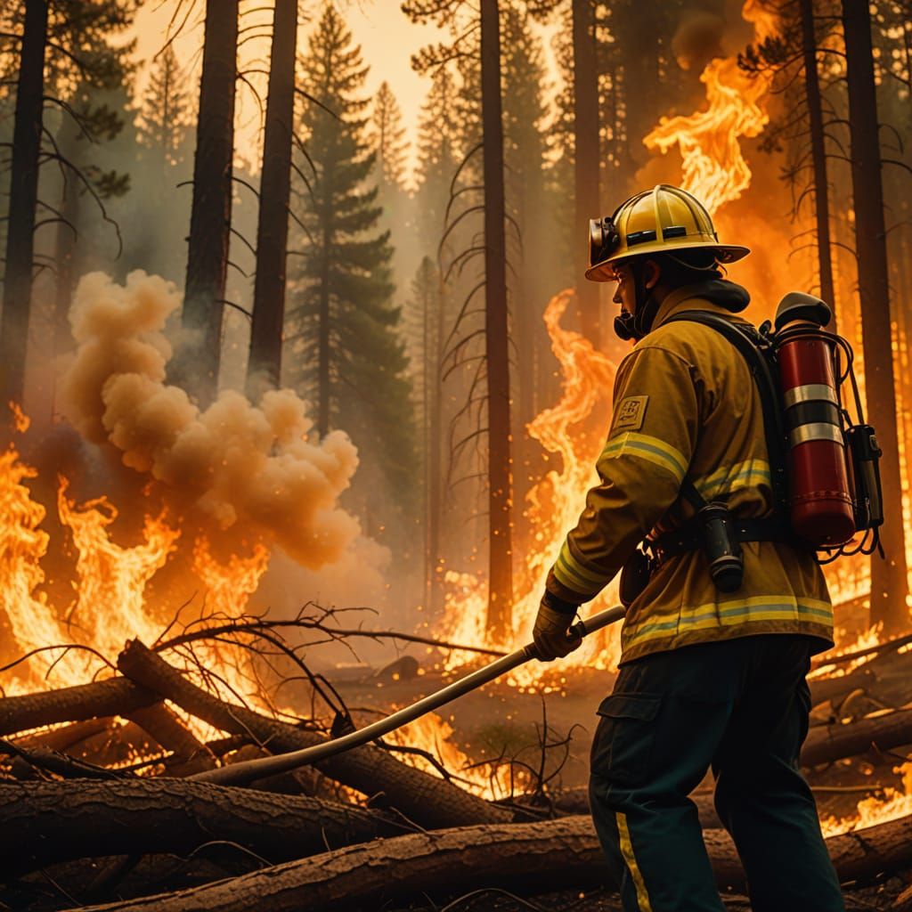 Firefighter Battling Wildfire in Cinematic Digital Art