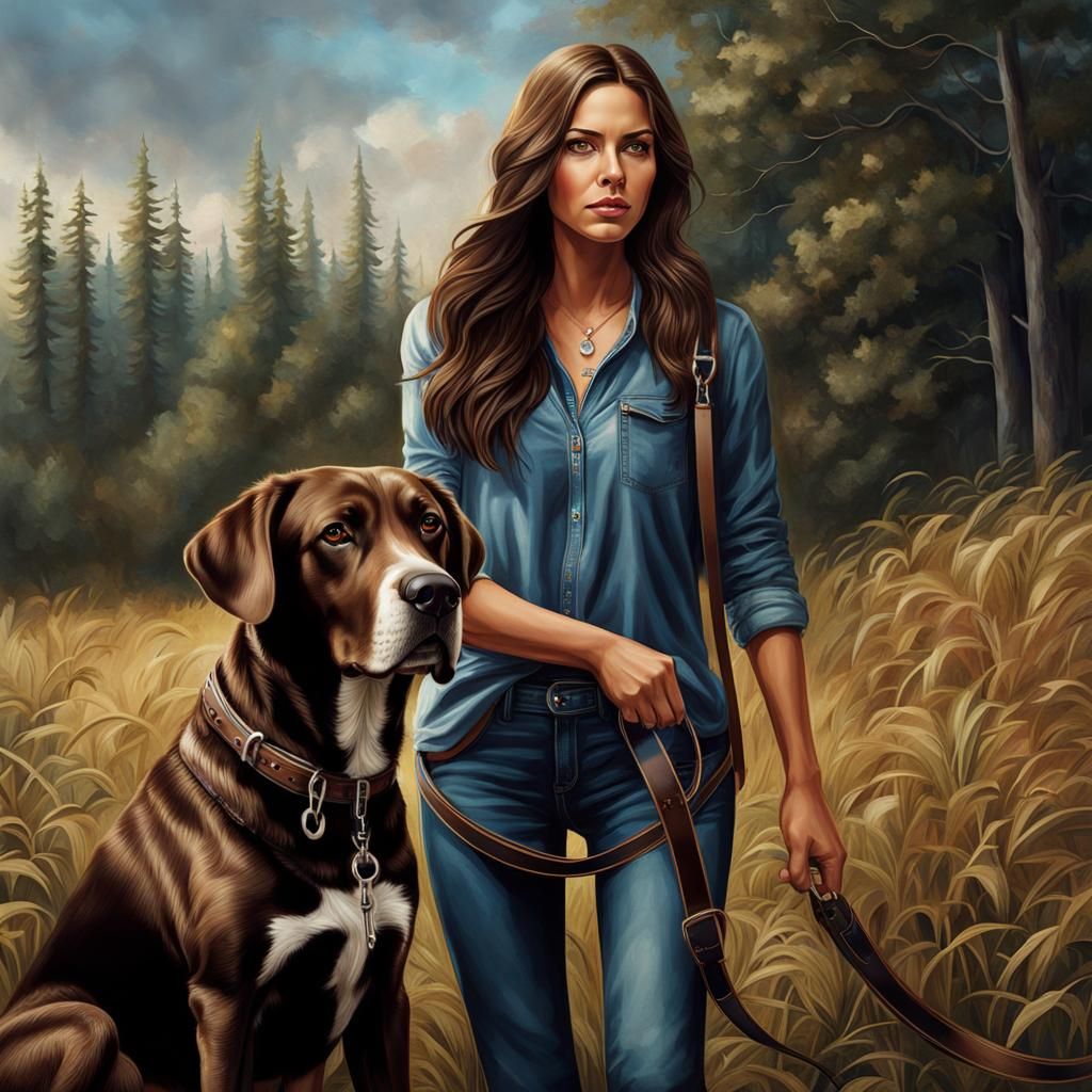 Woman and Catahoula Dog Guarding, Realistic High Detail