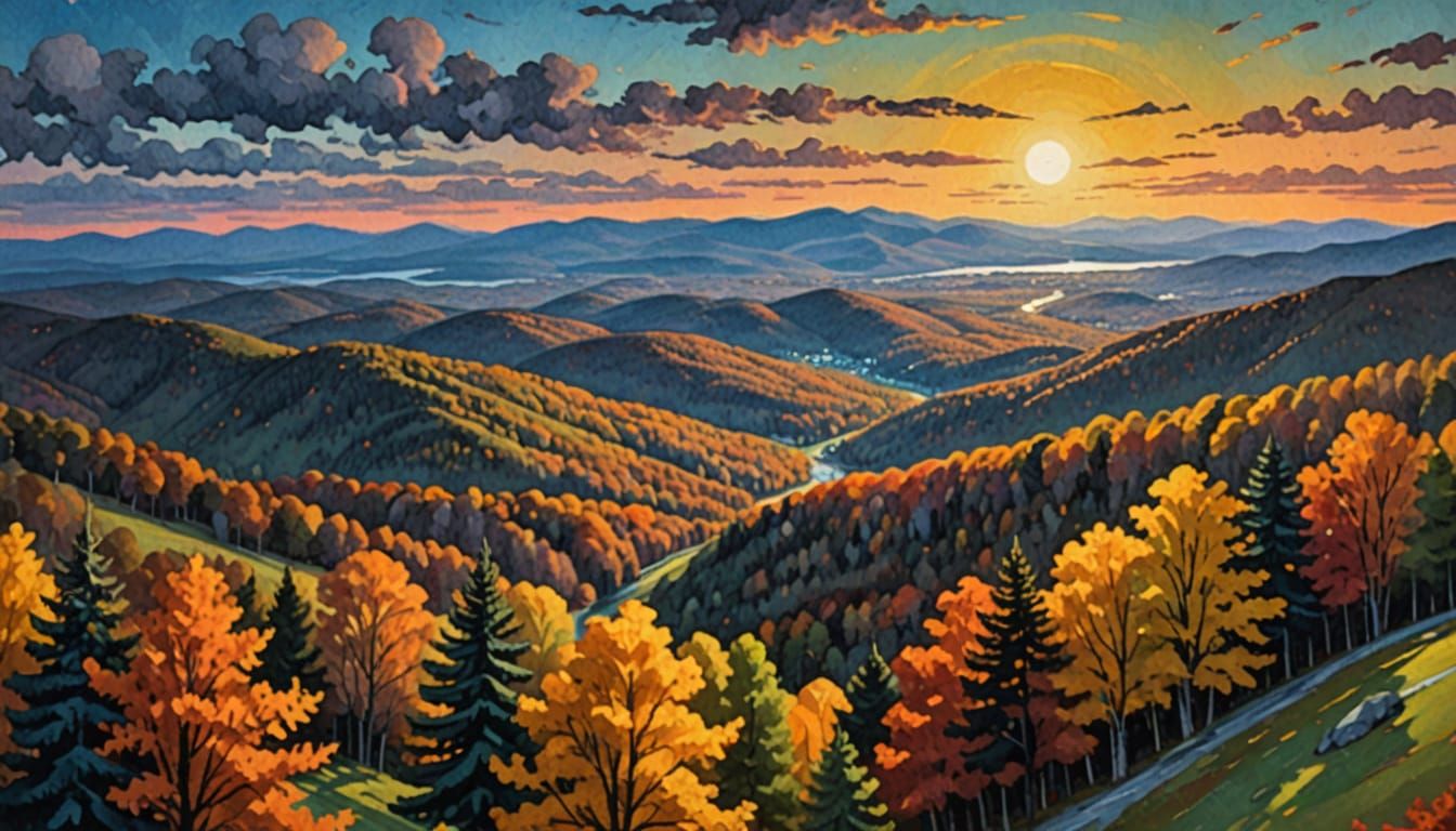 Vermont Hills in Gouache Style at Dusk