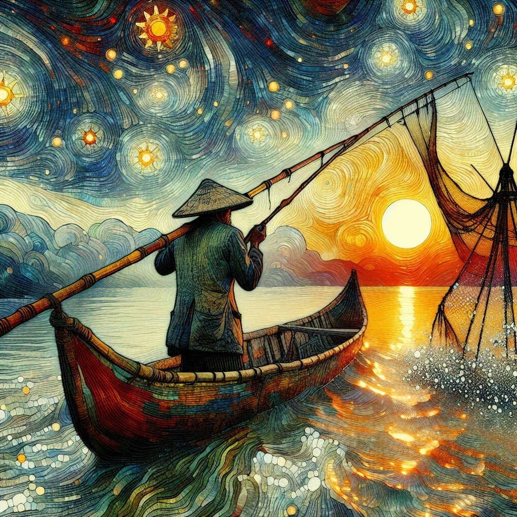 Peruvian Fisherman in Van Gogh Style Sunset