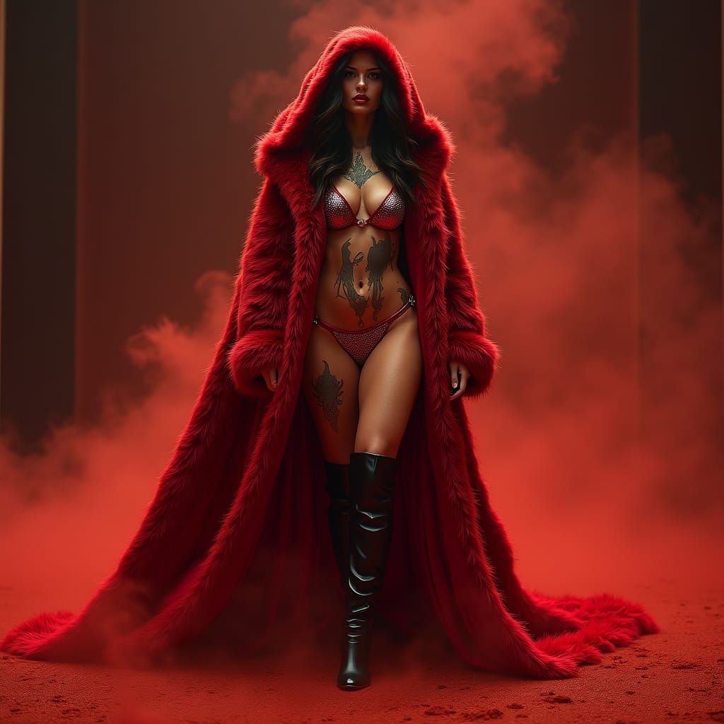 Goddess in Crimson Fur Amidst Red Sands