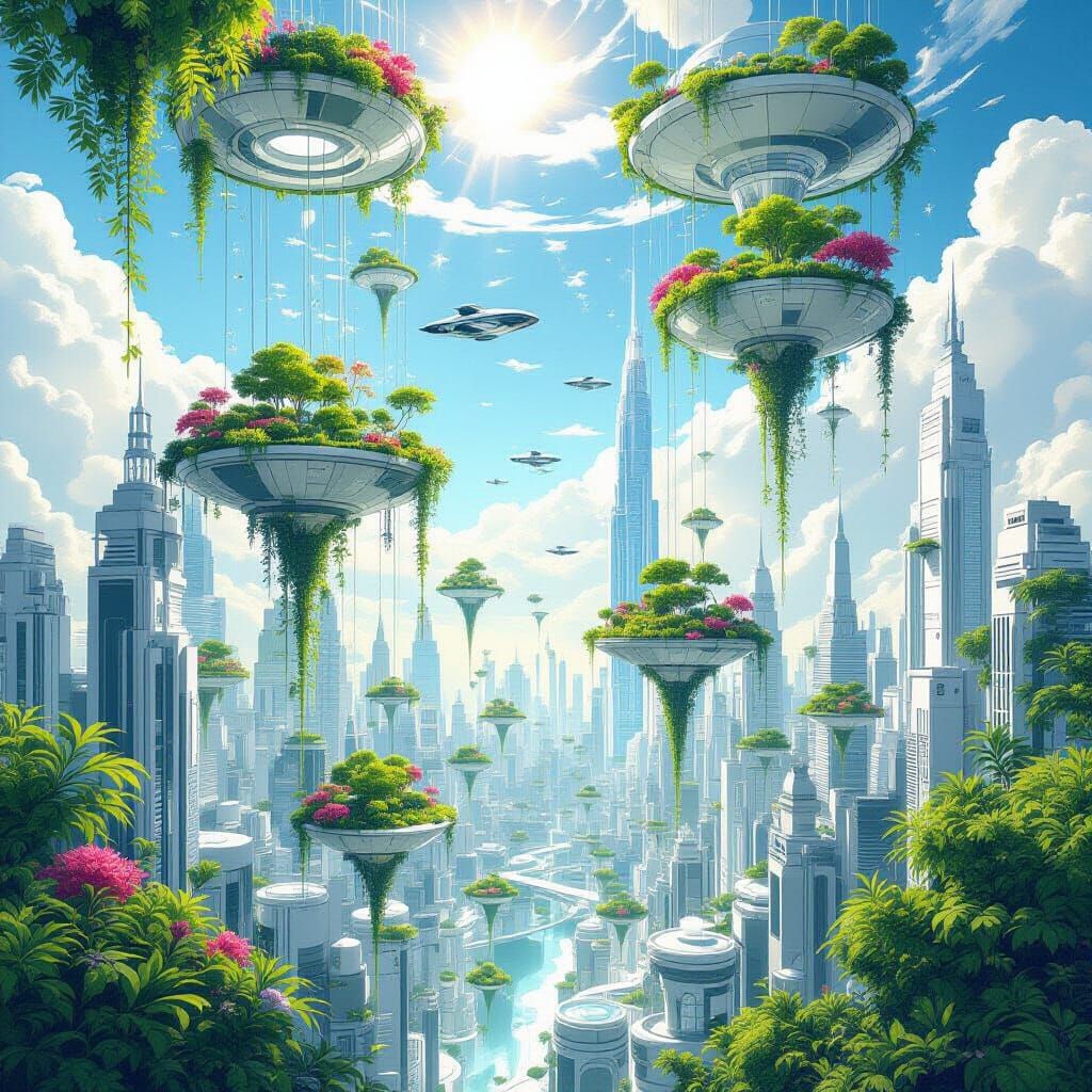 Floating Gardens Above Futuristic City