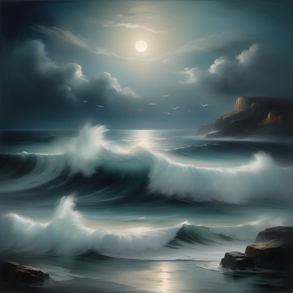 Dreamy Turner-esque Seascape of Turbulent Moonlit Ocean