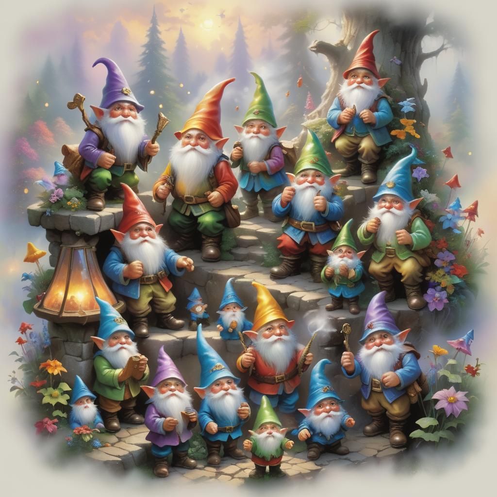 Vibrant Gnome Gathering in Ethereal Fantasy Style