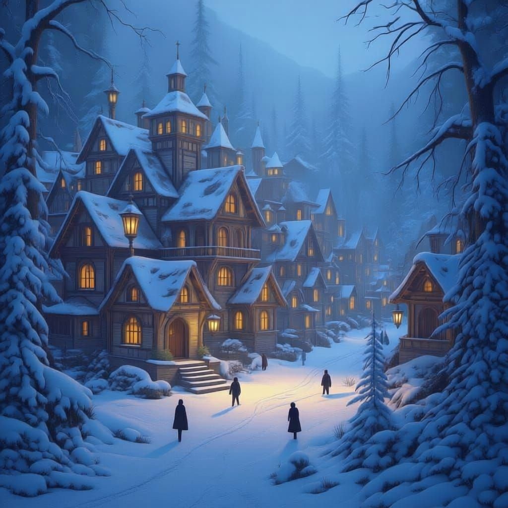 Fantasy Village in Snowy Forest with Glowing Lanterns