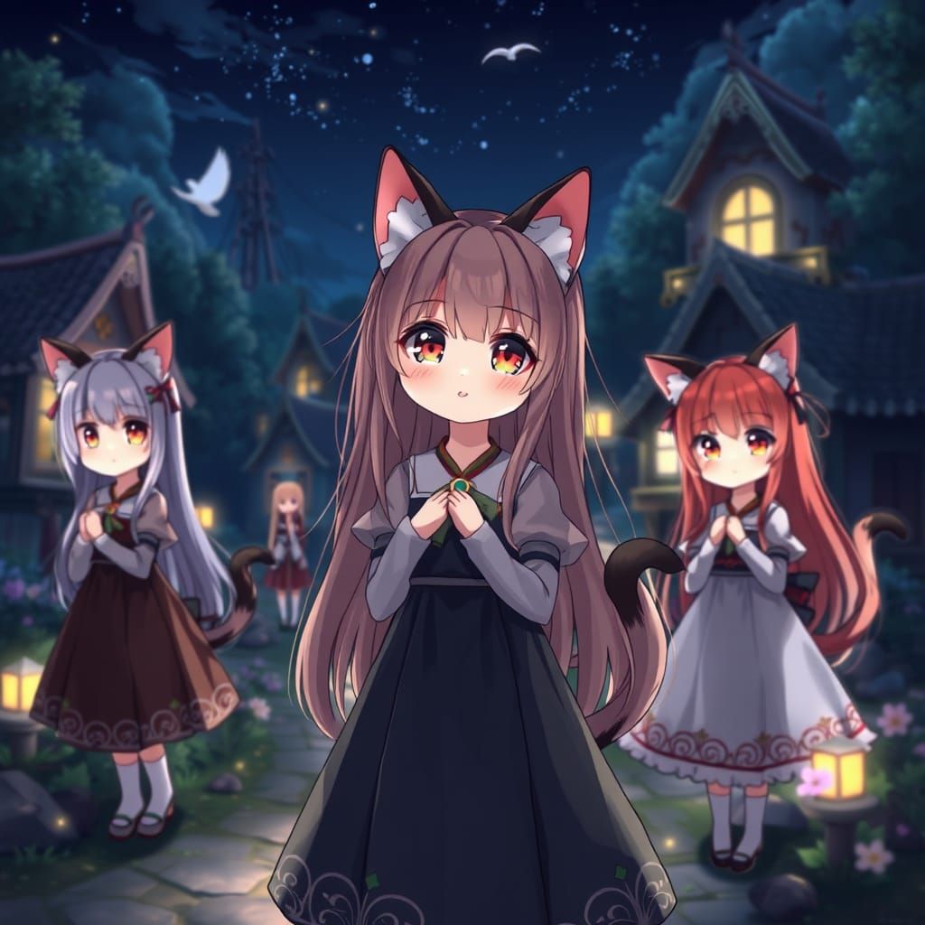 Anime Catgirl Village at Night with Dynamic Lighting