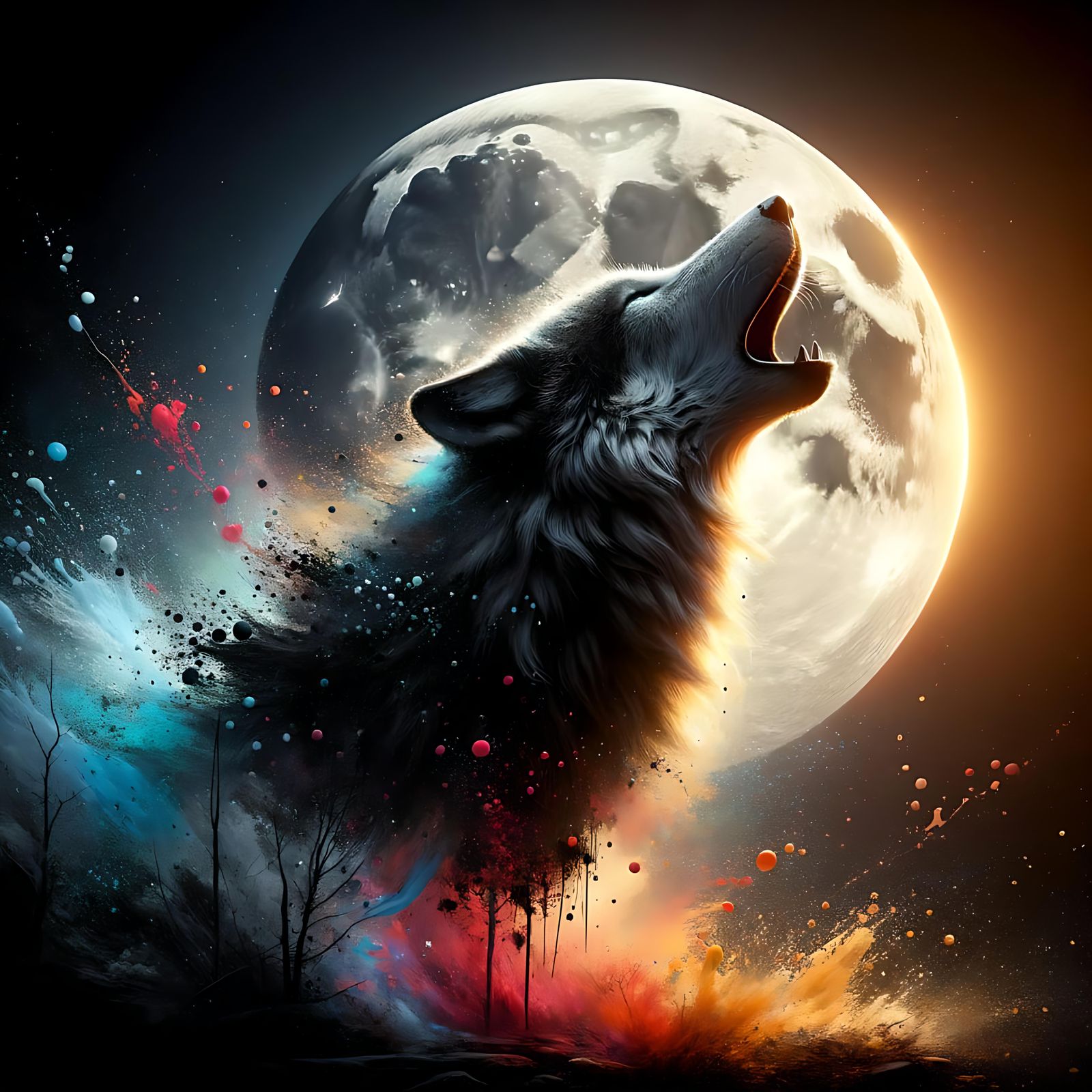 Majestic Wolf Howling at Super Moon in Splatter Art