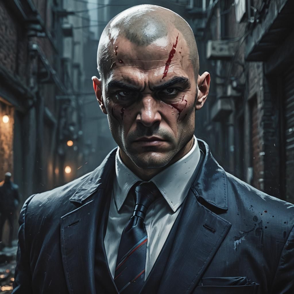 Agent 47 Portrait in Moody Cinematic Style