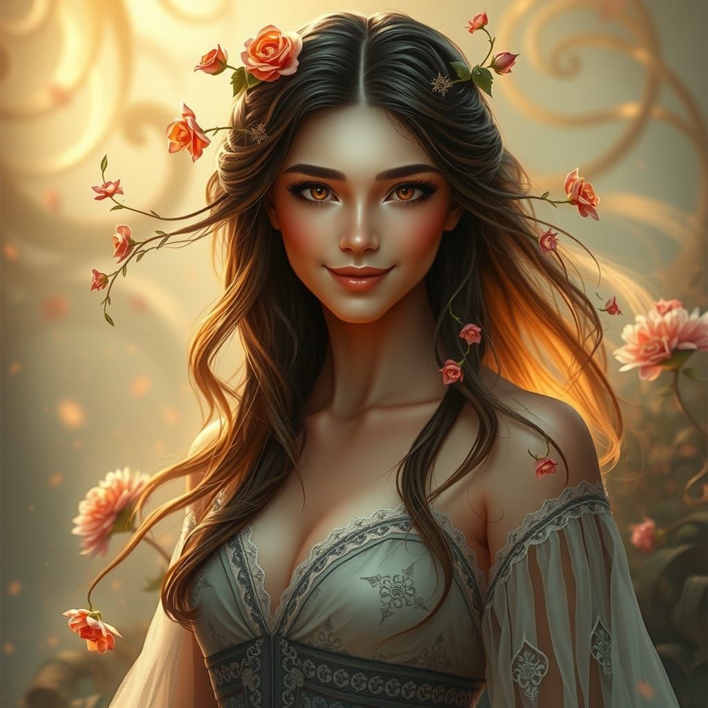 Ethereal Woman with Floral Adornments: Fantasy Art
