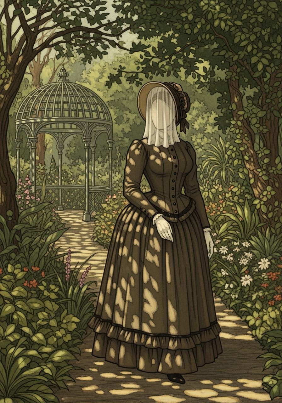 Victorian Woman in Botanic Garden, Rackham Style