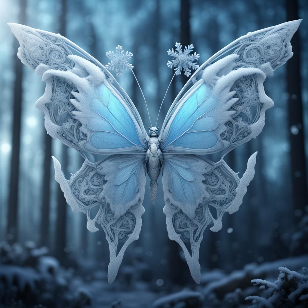 Snowflake Butterfly in Frosty Forest: Fantasy Art