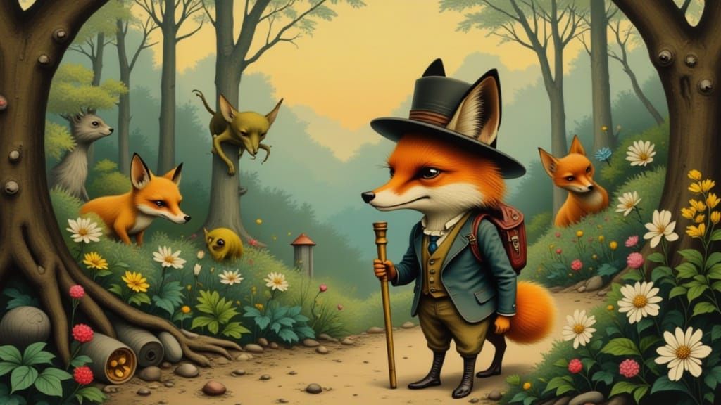 Fennec Fox Hiker Encounters Strange Creatures in Oil Paintin...